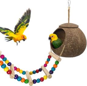 img 4 attached to Hanging Coconut Bird House with Ladder - Natural Fiber Nest for Parrot, Parakeet, Lovebird, Finch, Canary - Coconut Hide Swing Toys for Hamster - Bird Cage Accessories and Pet Bird Supplies