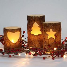 img 1 attached to 🕯️ Set of 3 Birch Finish Flameless Christmas Pillar Candles with Timer Function, Warm White Flickering Light - Battery Operated, Batteries Included