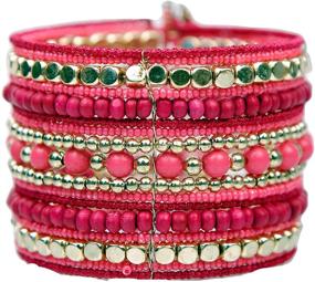 img 4 attached to 💖 The Vibrant Pink and Elegant Gold Bead Tribal Spiral Cuff Bracelet for a Chic Traditional Look