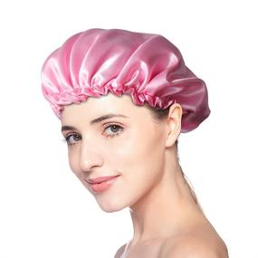 img 2 attached to 🌙 Women's Double-Layered Satin Sleep Bonnet with Premium Elastic Band - Pink Satin Night Cap for Better Sleep