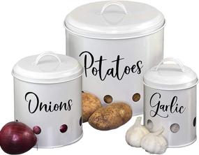 img 4 attached to Home Acre Designs Kitchen Canisters Set of 3 - Airtight Vegetable Storage for Onion, Garlic & Potato - Rustic Farmhouse Containers - White