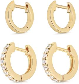 img 4 attached to 💎 2 Pair Small Earrings for Women, 18K Gold Plated Cubic Zirconia Cuff Huggie Stud, Fashion Crystal Hoop Earrings for Girls - Makone