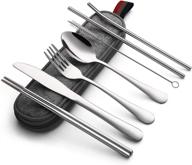 🍽️ ultimate outdoor dining experience: devico 8-piece portable utensils set for travel and camping - stainless steel flatware with knife, fork, spoon, chopsticks, cleaning brush, straws, and carrying case (silver) logo