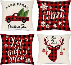 img 4 attached to 🐺 Farmhouse Christmas Pillow Covers: Festive Flames Wolf Design, Set of 4 18x18 Decorative Throw Pillow Covers in Red Buffalo Plaid for Couch Sofa Holiday Decorations