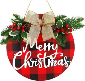 img 4 attached to Davsolly Davsolly Merry Christmas Decoration Wreath Buffalo Plaid Checked Christmas Hanging Sign Деревянный с красными ягодами Сосновые шишки Зеленые иглы Деревенский бант Decor