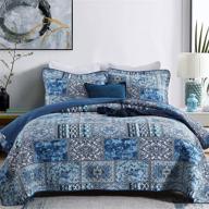 🛏️ blue bohemian bedspread quilt queen: reversible rustic patchwork printed bedding set - 100% cotton, oversized queen 90x98 inches, 3-piece boho cotton quilt set for all seasons logo