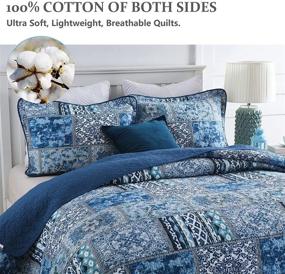 img 2 attached to 🛏️ Blue Bohemian Bedspread Quilt Queen: Reversible Rustic Patchwork Printed Bedding Set - 100% Cotton, Oversized Queen 90x98 inches, 3-Piece Boho Cotton Quilt Set for All Seasons