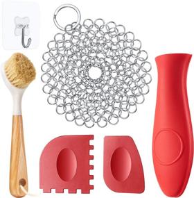 img 4 attached to Complete 6-Piece Cast Iron Cleaning Set: Stainless Steel Chainmail Scrubber, Long Handle Dish Scrub Brush, Red Hot Handle Holder, 2 Pan Grill Scrapers, and Wall Hook