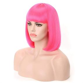 img 3 attached to 💖 Rosa Star Short Bob Hair Wigs: Hot Pink Synthetic Wig with Flat Bangs - Perfect for Costumes and Cosplay