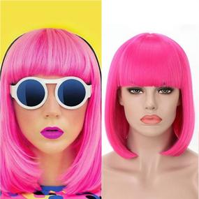 img 4 attached to 💖 Rosa Star Short Bob Hair Wigs: Hot Pink Synthetic Wig with Flat Bangs - Perfect for Costumes and Cosplay