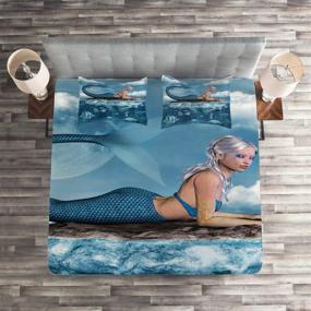 img 1 attached to Ambesonne Mermaid Coverlet, Graphic Art Print of Mermaid Girl on Rock in Ocean, Mythical Character, 3 Piece Decorative Quilted Bedspread Set with 2 Pillow Shams, Queen Size, Navy Blue