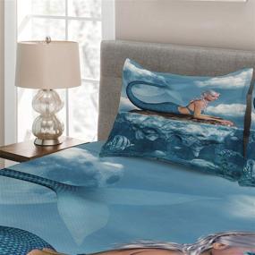 img 2 attached to Ambesonne Mermaid Coverlet, Graphic Art Print of Mermaid Girl on Rock in Ocean, Mythical Character, 3 Piece Decorative Quilted Bedspread Set with 2 Pillow Shams, Queen Size, Navy Blue