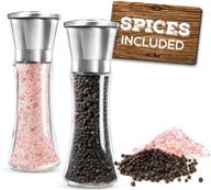 🌶️ enhanced mason mil salt and pepper grinder set - stainless steel, prefilled - premium quality himalayan salt and black pepper - sleek glass and stainless steel mill - high capacity shakers - convenient top loading logo