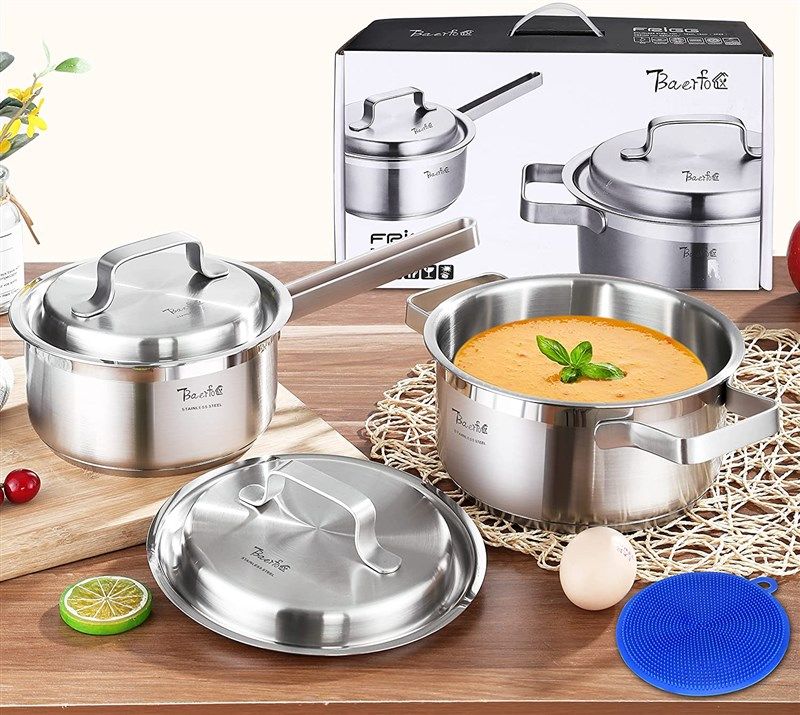 BAERFO baerfo 4 piece pots and pans set, cookware set - healthy pot sets  with stainless steel lids and handles - dishwasher safe