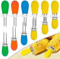 🌽 aqringo 12 pcs/6 pairs stainless steel corn holders - corn on the cob skewers for bbq - twin prong sweetcorn holders with interlocking design - corn skewers forks for home cooking bbq - 4 colors available logo