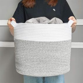 img 1 attached to 🧺 HITSLAM Woven Laundry Basket Storage Bin: Stylish 15"x15"x14" Decorative Rope Basket with Handle - Ideal Blanket & Toy Organizer for Room Organization, White & Gray-Large