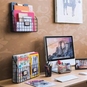 img 3 attached to 📚 Efficient Wall-Mounted Home Office Desk Organizer: Wall35 Rivista File Holder, Wide Chicken Wire Mail & Magazine Holder, Metal, Black