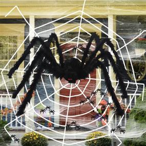 img 1 attached to 🕷️ HOOJO 60-Inch Giant Halloween Spiders with 12ft Spider Web | Includes 40g Cobweb and 20 Small Spiders | Outdoor & Indoor Halloween Decor, Haunted House, Costumes Party, Halloween Yard Décor