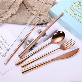 img 3 attached to AARAINBOW 6-Piece Stainless Steel Flatware Set with Portable Reusable Cutlery for Travel Including Chopsticks, Knife, Fork, Spoon, Straws, Cleaning Brush - Dishwasher Safe (Rose Gold)