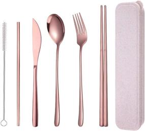 img 4 attached to AARAINBOW 6-Piece Stainless Steel Flatware Set with Portable Reusable Cutlery for Travel Including Chopsticks, Knife, Fork, Spoon, Straws, Cleaning Brush - Dishwasher Safe (Rose Gold)