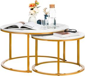 img 4 attached to 🌼 HollyHOME Modern Round Nesting Side Table Set of 2 with Metal Frame, Wood Coffee and Snack End Table, Accent Tea Table for Living Room, (D) 31.5" x(H) 17.72", (D) 23.62" x(H) 15.75", Golden