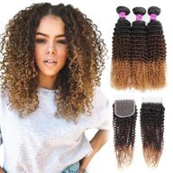 🌀 набор волнистых волос "ombre curly hair bundle" - mink hair 16 18 20+14, бразильский омбре волос человека с закрытием kinky curly 1b/4/27# - идеально для женщин. логотип