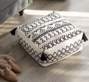 img 4 attached to 👌 RISEON Boho Hand Woven Cotton Linen Pouf Cover - Stylish Black White Contemporary Design for Living Room, Bedroom, and Under Desk - Footstool Ottoman, Unstuffed Square Floor Cushion Footrest