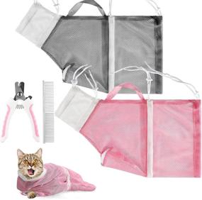 img 4 attached to Polyester Cat Shower Net Bag Set | Cat Bathing Grooming Bag with Bonus Pet Nail Clipper, Round Ended Pet Comb | Anti-Bite, Anti-Scratch Pet Mesh for Bathing, Nail Trimming, Grooming (Pink White, Off-White)