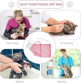 img 3 attached to Polyester Cat Shower Net Bag Set | Cat Bathing Grooming Bag with Bonus Pet Nail Clipper, Round Ended Pet Comb | Anti-Bite, Anti-Scratch Pet Mesh for Bathing, Nail Trimming, Grooming (Pink White, Off-White)