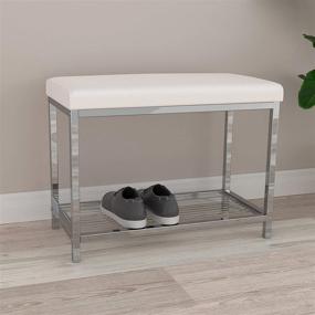 img 2 attached to MODERNA Extra Wide Bathroom Bench with White Cushion Vegan Leather Seat and Storage Shelf, Ideal for Vanity, Bedroom, Shoe Rack, Entryway, and Hallway - Chrome Steel Frame