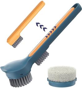 img 4 attached to 🧽 DIAOBO Dish Brush with Handle and Scraper + Replacement Sponge Brush Heads - Navy Blue Kitchen Scrub Brush for Easy Pan, Pot, and Sink Cleaning