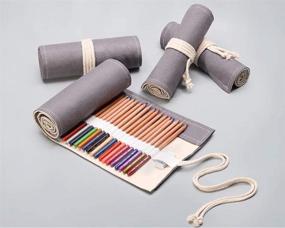 img 2 attached to 🖍️ Grey Canvas Pencil Roll Wrap with 36 Holes - Multiuse Large Capacity Pen Curtain for Coloring Pencils - Handmade Pencil Holder Organizer