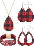 🎄 stylish 4-piece christmas plaid print jewelry set: multi-layer bracelet, teardrop earrings, and necklaces in xmas check design – lightweight faux leather plaid dangle earrings and necklace – perfect gifts for women and girls logo