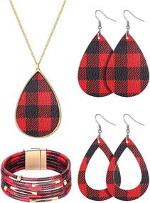 img 4 attached to 🎄 Stylish 4-Piece Christmas Plaid Print Jewelry Set: Multi-Layer Bracelet, Teardrop Earrings, and Necklaces in Xmas Check Design – Lightweight Faux Leather Plaid Dangle Earrings and Necklace – Perfect Gifts for Women and Girls