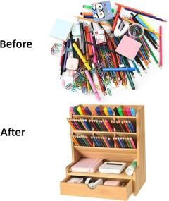 img 1 attached to Marbrasse Bamboo Desk Organizer, Versatile Pen and Pencil Holder with 9 Compartments and Drawer, Art Supply Organizer for Colored Pencils, Pens, Markers - Ideal for Efficient Desktop Organization