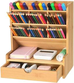 img 4 attached to Marbrasse Bamboo Desk Organizer, Versatile Pen and Pencil Holder with 9 Compartments and Drawer, Art Supply Organizer for Colored Pencils, Pens, Markers - Ideal for Efficient Desktop Organization