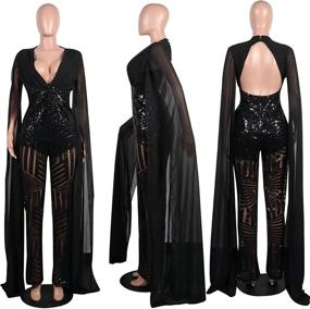 img 2 attached to 🌟 LKOUS Women's Elegant Sequin Cape Bodycon Jumpsuit - Sexy Deep V Neck, Long Sleeve, Backless - Plus Size Available