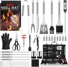 img 4 attached to 🔥 Birald 34PCS BBQ Grill Set: Stainless Steel Tools & Aluminum Case - Ideal Gifts for Men - Includes Thermometer, Grill Mats - Perfect for Camping/Barbecue - Dad's Favorite Grill Utensils Set!