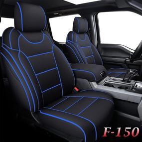 img 4 attached to Custom Fit Coverado Neoprene Seat Covers, Full Set, Waterproof Stain Resistant Front and Rear Seat Protectors for 2015-2021 F150 SuperCrew & 2017-2021 F250 F350 F450 CrewCab, Blue Line Pattern