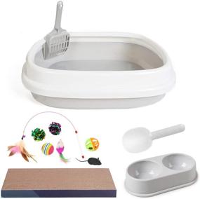 img 4 attached to 🐱 Complete Cat Kitten Starter Kit: SIVEIS 12-Piece Set - Cat Litter Tray, Scoop, Box, Scratch Pad, Double Bowls, Toys, and Food Spoon