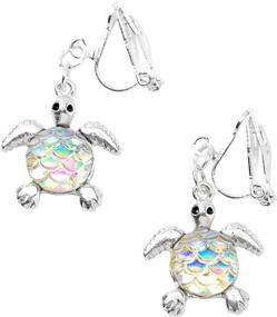 img 2 attached to 🐢 Iridescent Scale Turtle Clip On Earrings: Claire's 1" Silver Drop Earrings