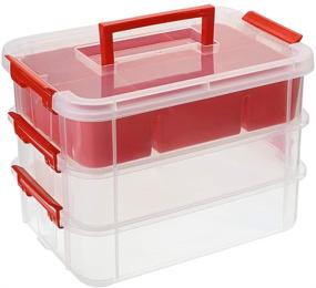 img 4 attached to 📦 3-Tier Stackable Storage Box with Divided Tray, Transparent Carry Bin with Handle Lid, Latching Storage Container for School & Office Supplies (Red) by JuxYes