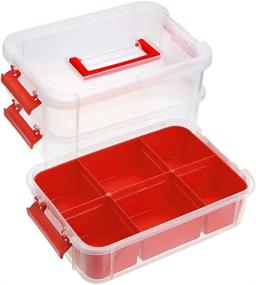 img 2 attached to 📦 3-Tier Stackable Storage Box with Divided Tray, Transparent Carry Bin with Handle Lid, Latching Storage Container for School & Office Supplies (Red) by JuxYes