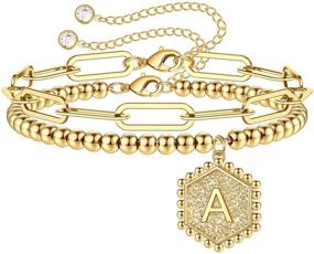 img 4 attached to 🔥 Women's 14K Gold Plated Beaded Bracelets with Hexagon Pendant - Personalized Layered Paperclip Link Chain Bracelets, Dainty Initial Jewelry: Gold Initial Bracelets for Women, Teen Girls