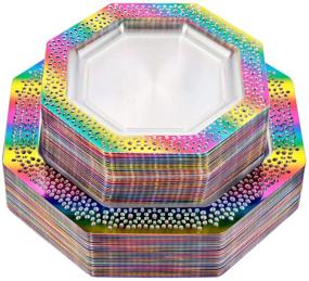 img 4 attached to 🌈 Небесно-радужные пластиковые тарелки "Supernal Rainbow": 60 штук прозрачных тарелок с потрясающим дизайном радужного кружева для вечеринок и празднования дня рождения.