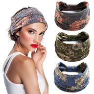 s&amp;n remille 3 pack wide boho headbands for women and girls - elastic turban head wrap non-slip hair bands for sport, yoga, and running headband logo