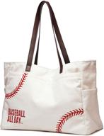 👜 x-large baseball tote bags women - oversized white canvas utility travel handbag with pockets - red embroidery baseball prints - shoulder handbag for moms, fans, teens, kids - perfect team gifts (white, xl) logo