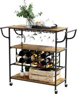 🍷 yusong rustic brown industrial bar cart with wine rack, glass holder, and rolling wheels - utility kitchen serving trolley with wood shelves storage - black metal frame mobile cart logo