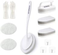 gtcwincn long handle bath cleaning brush set with replaceable sponge, mirror and kitchen cleaning brushes, non-slip plastic handle, household gloves, and hook - white logo