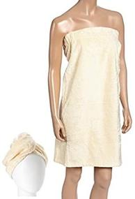 img 4 attached to FABBRICA HOME Natural Bamboo Rayon Super Absorbent Spa Bath Wrap Shower Skirt and Quick-Dry Hair Drying Turban Set - 2pc (One-Size, Creme)